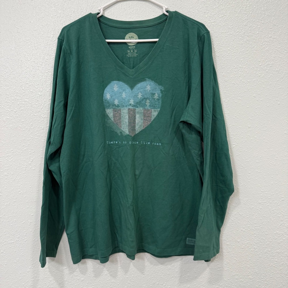 Life is Good Womens XL Green Long Sleeve V-Neck Roam Heart Graphic Tee Shirt